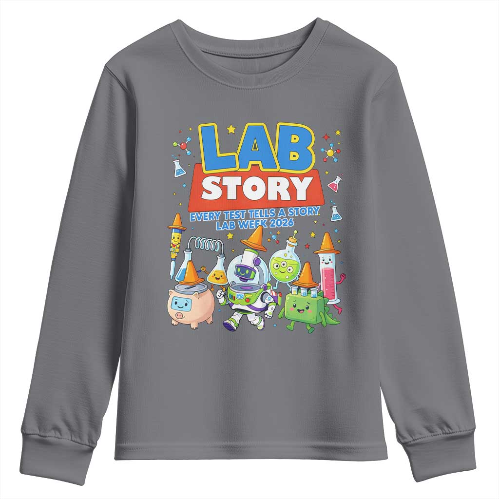 Lab Story Every Test Tells a Story Lab Week 2026 Youth Sweatshirt Science Characters Lab Techs Medical Laboratory