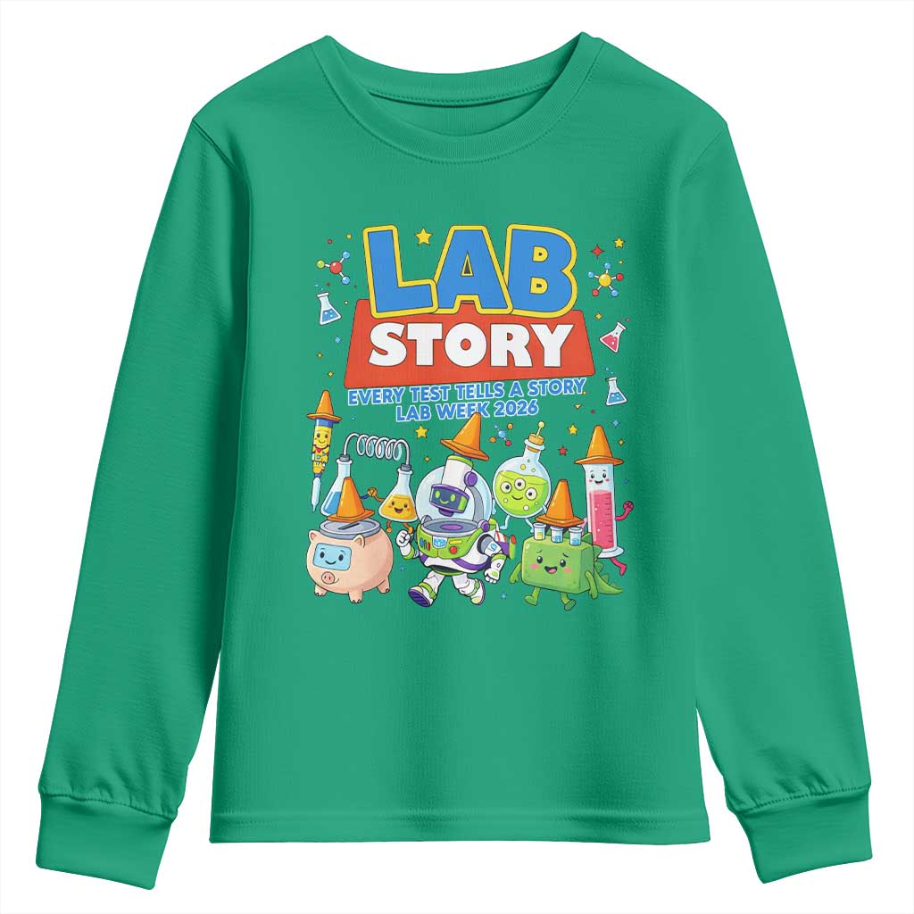 Lab Story Every Test Tells a Story Lab Week 2026 Youth Sweatshirt Science Characters Lab Techs Medical Laboratory