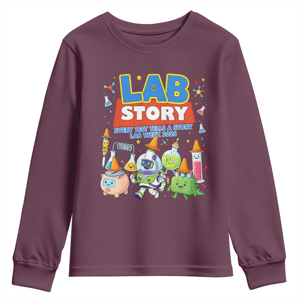 Lab Story Every Test Tells a Story Lab Week 2026 Youth Sweatshirt Science Characters Lab Techs Medical Laboratory