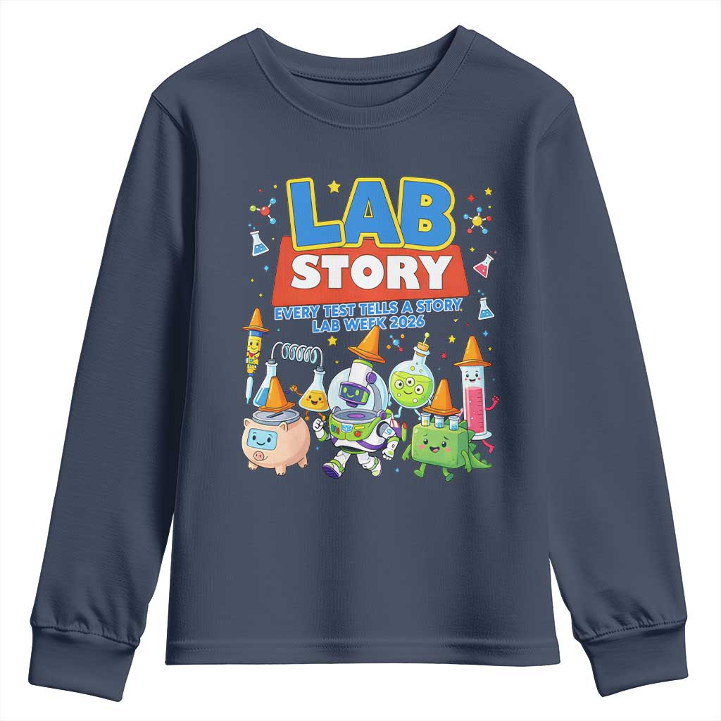 Lab Story Every Test Tells a Story Lab Week 2026 Youth Sweatshirt Science Characters Lab Techs Medical Laboratory