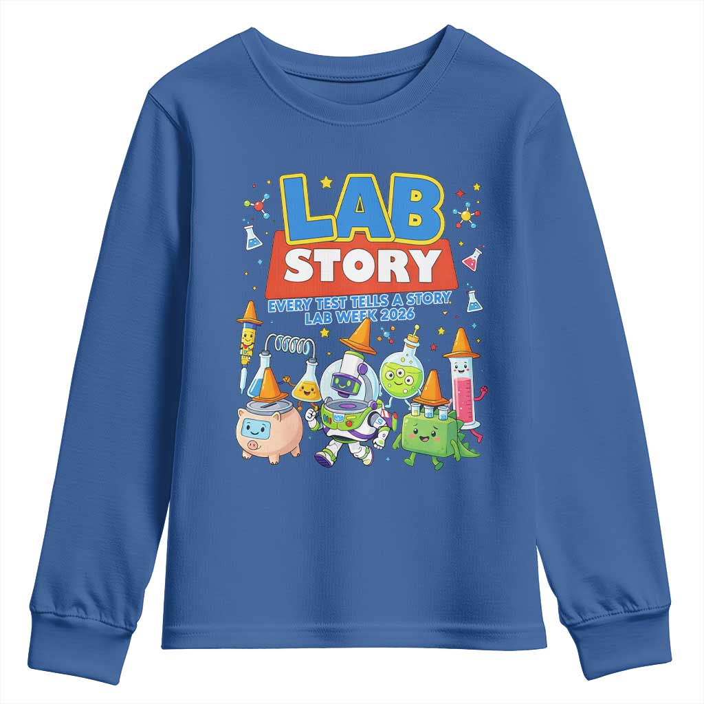 Lab Story Every Test Tells a Story Lab Week 2026 Youth Sweatshirt Science Characters Lab Techs Medical Laboratory