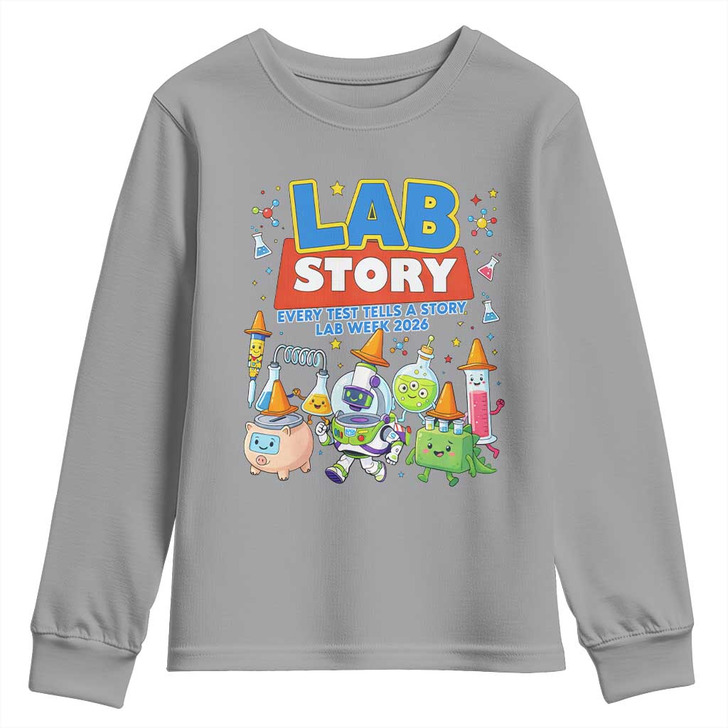 Lab Story Every Test Tells a Story Lab Week 2026 Youth Sweatshirt Science Characters Lab Techs Medical Laboratory