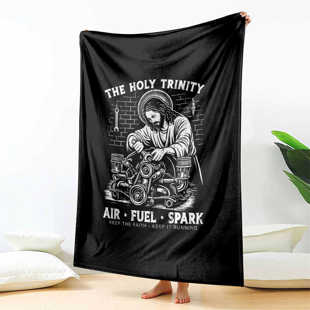 Funny Mechanic Jesus Holy Trinity Air Fuel Spark Throw Blanket Christian Car Lover Humor Gift for Gearheads