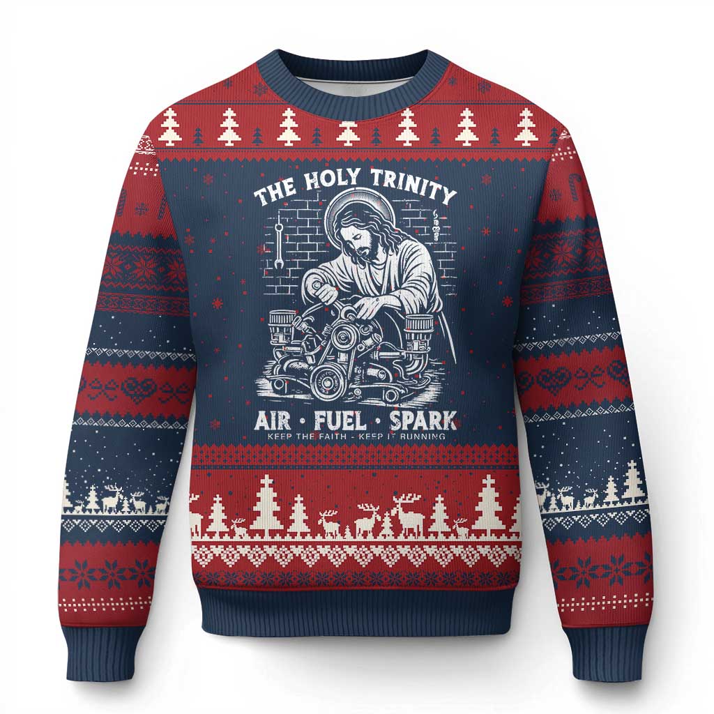 Funny Mechanic Jesus Holy Trinity Air Fuel Spark Ugly Christmas Sweater Christian Car Lover Humor Gift for Gearheads
