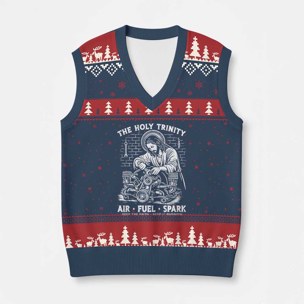Funny Mechanic Jesus Holy Trinity Air Fuel Spark V-Neck Knit Sweater Vest Christian Car Lover Humor Gift for Gearheads