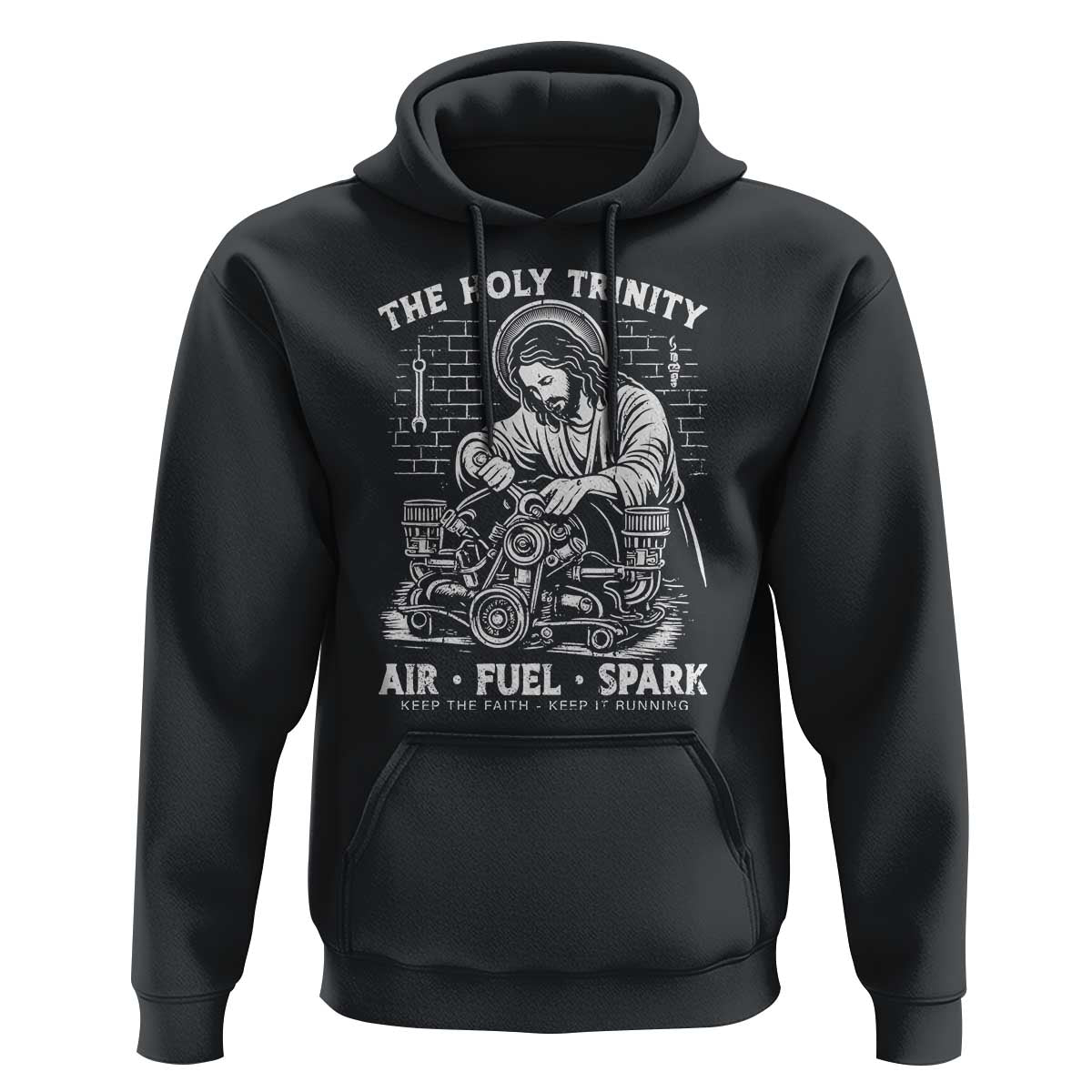 Funny Mechanic Jesus Holy Trinity Air Fuel Spark Hoodie Christian Car Lover Humor Gift for Gearheads