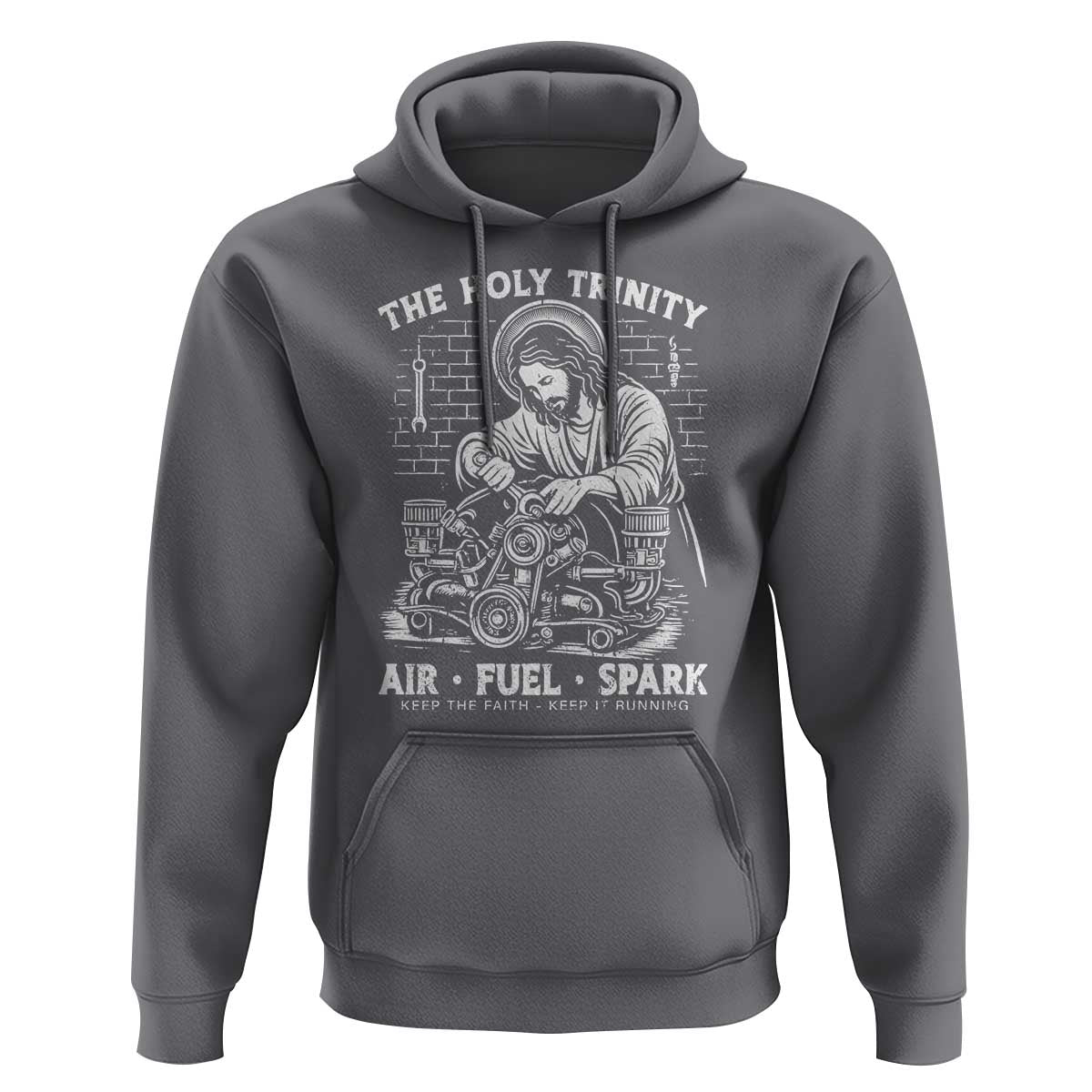 Funny Mechanic Jesus Holy Trinity Air Fuel Spark Hoodie Christian Car Lover Humor Gift for Gearheads