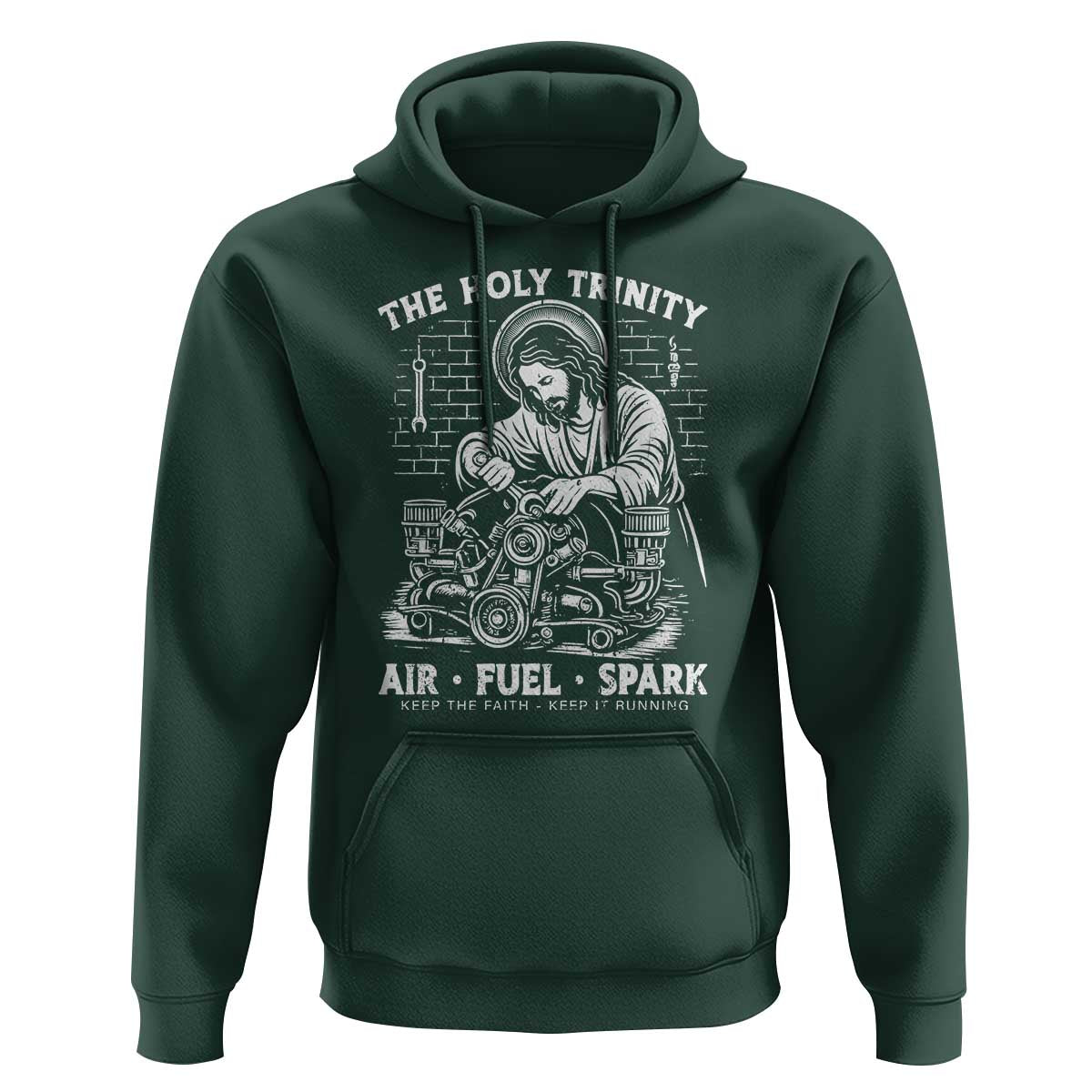 Funny Mechanic Jesus Holy Trinity Air Fuel Spark Hoodie Christian Car Lover Humor Gift for Gearheads