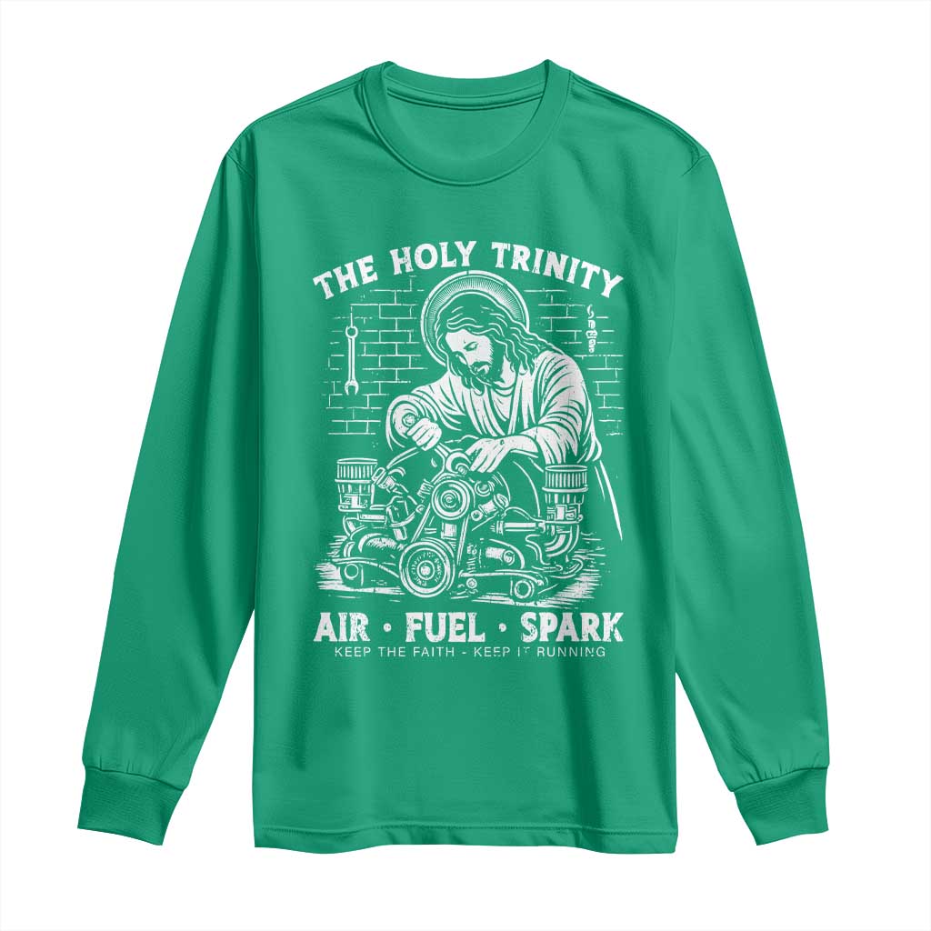 Funny Mechanic Jesus Holy Trinity Air Fuel Spark Long Sleeve Shirt Christian Car Lover Humor Gift for Gearheads