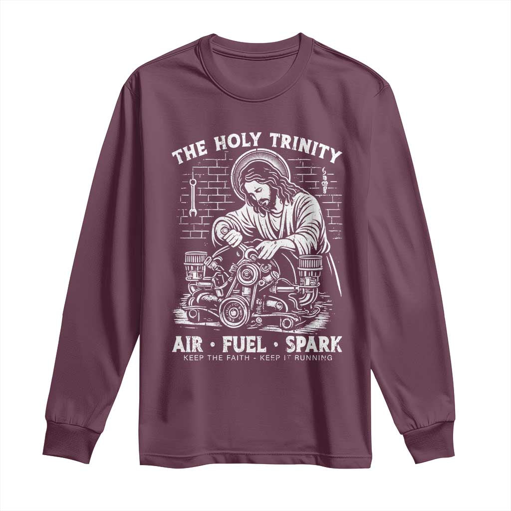 Funny Mechanic Jesus Holy Trinity Air Fuel Spark Long Sleeve Shirt Christian Car Lover Humor Gift for Gearheads