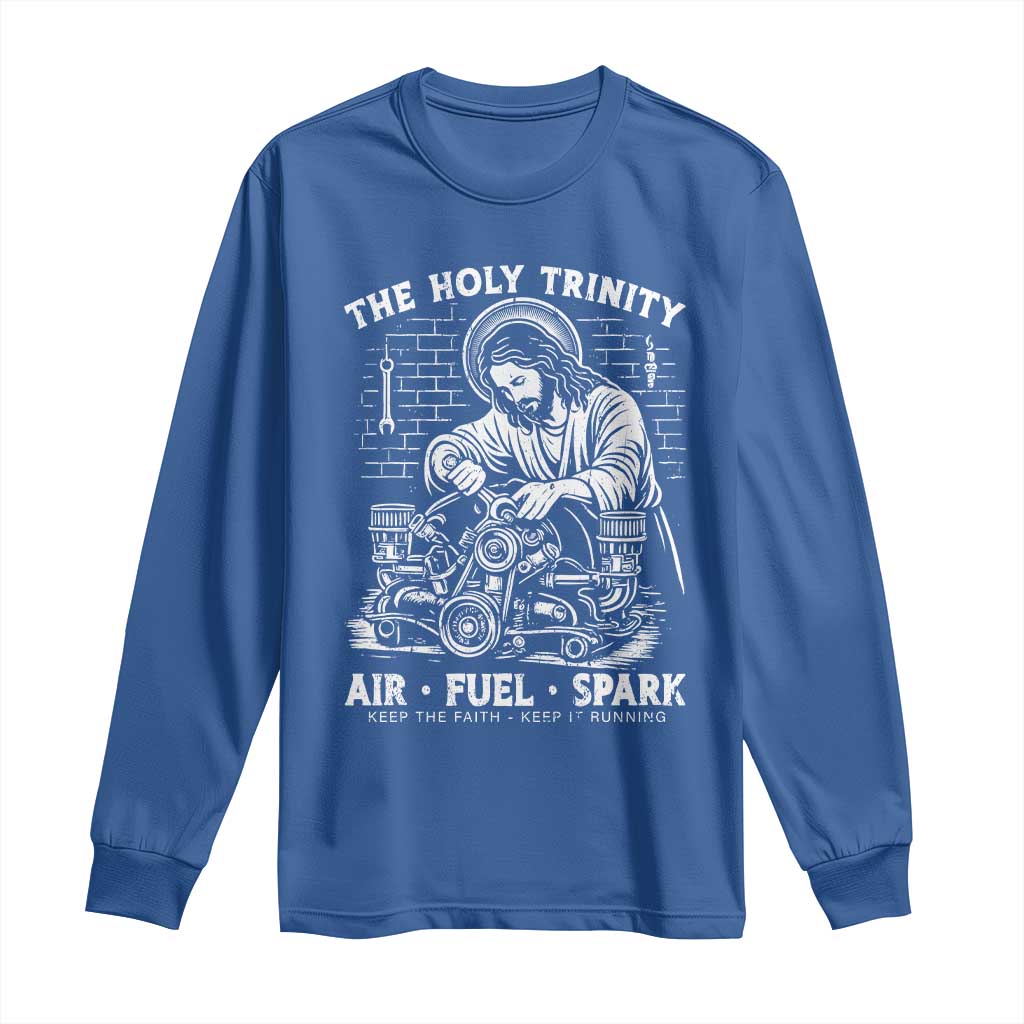Funny Mechanic Jesus Holy Trinity Air Fuel Spark Long Sleeve Shirt Christian Car Lover Humor Gift for Gearheads