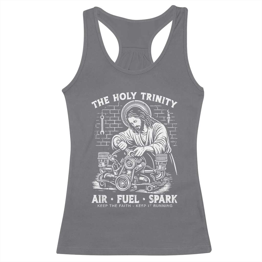 Funny Mechanic Jesus Holy Trinity Air Fuel Spark Racerback Tank Top Christian Car Lover Humor Gift for Gearheads
