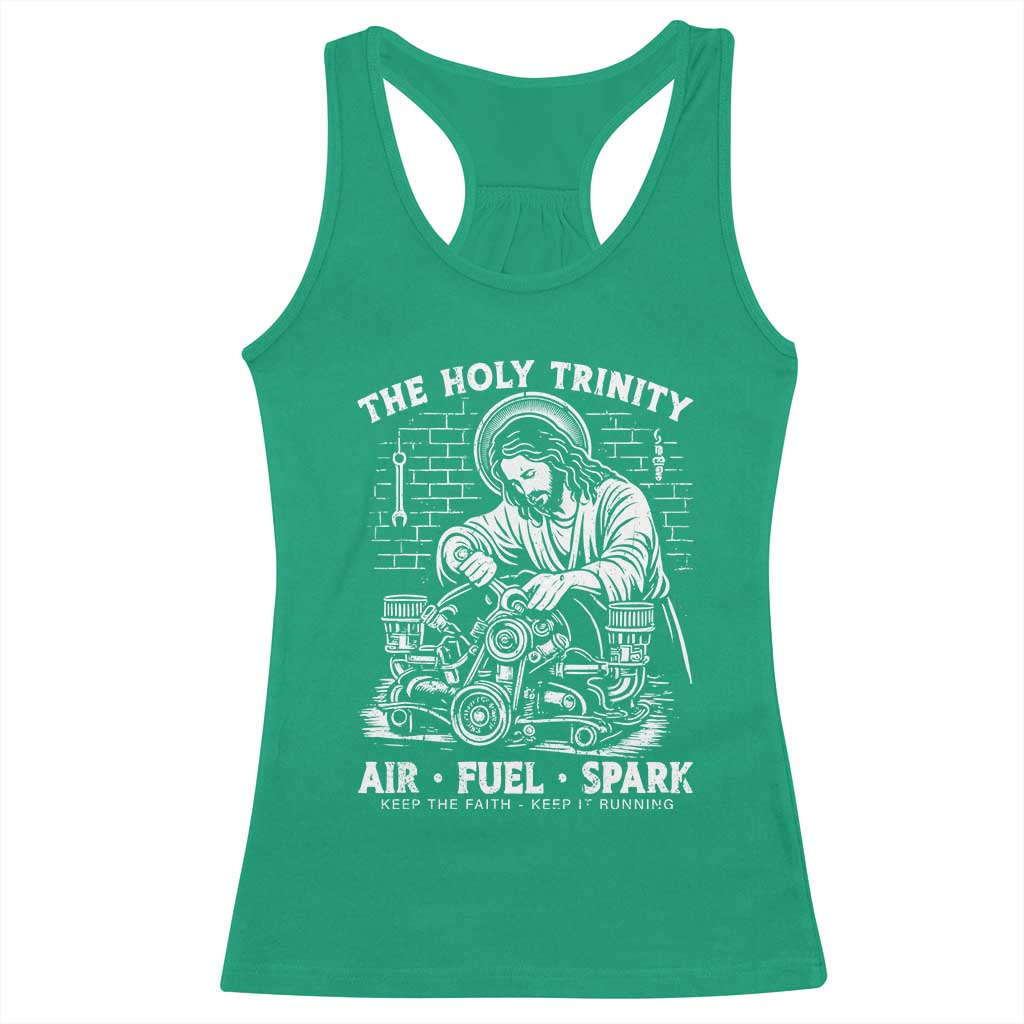 Funny Mechanic Jesus Holy Trinity Air Fuel Spark Racerback Tank Top Christian Car Lover Humor Gift for Gearheads