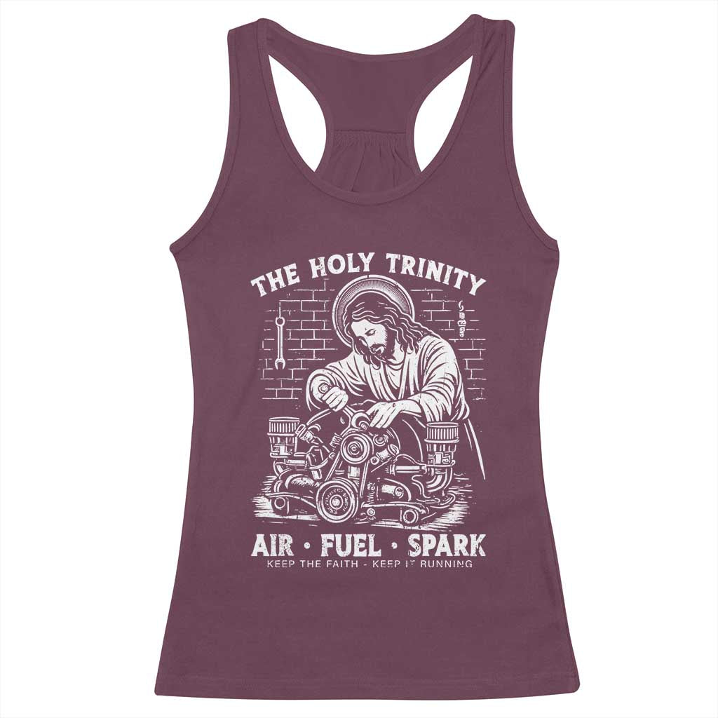 Funny Mechanic Jesus Holy Trinity Air Fuel Spark Racerback Tank Top Christian Car Lover Humor Gift for Gearheads