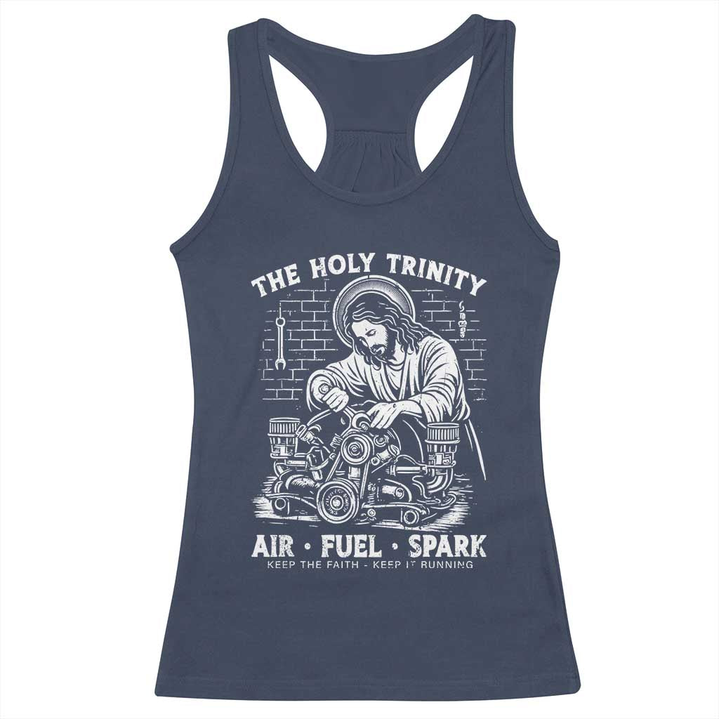 Funny Mechanic Jesus Holy Trinity Air Fuel Spark Racerback Tank Top Christian Car Lover Humor Gift for Gearheads