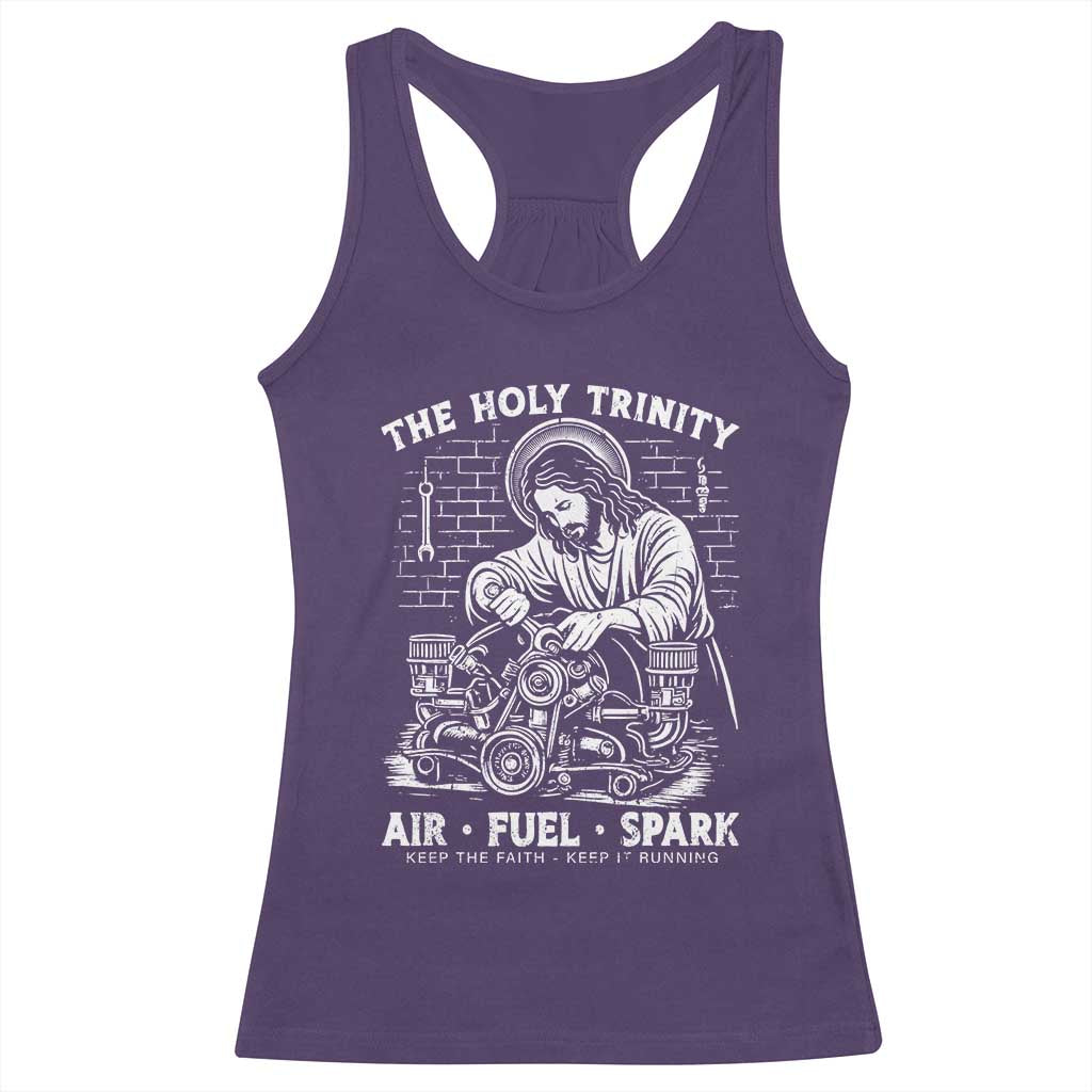 Funny Mechanic Jesus Holy Trinity Air Fuel Spark Racerback Tank Top Christian Car Lover Humor Gift for Gearheads