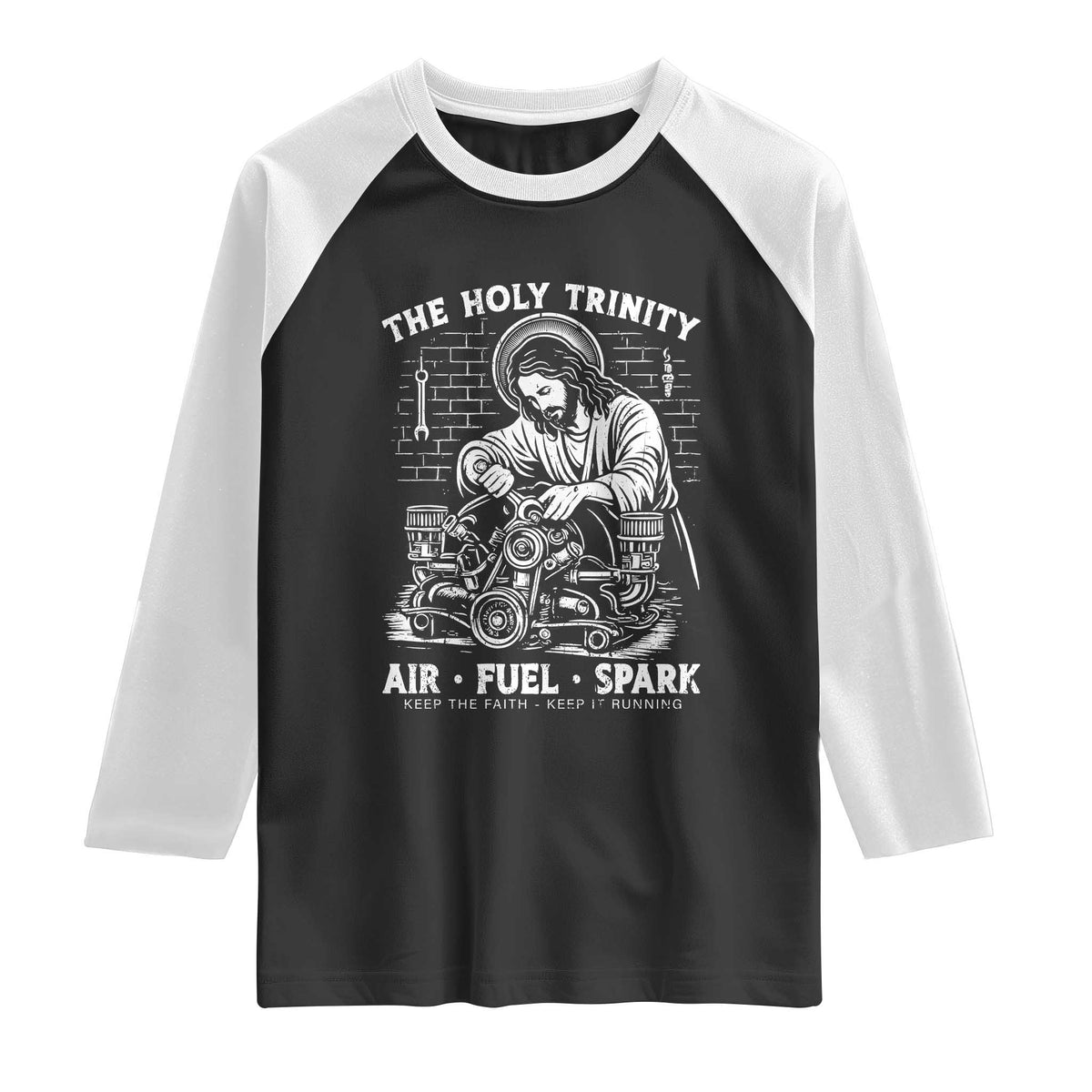 Funny Mechanic Jesus Holy Trinity Air Fuel Spark Raglan Shirt Christian Car Lover Humor Gift for Gearheads
