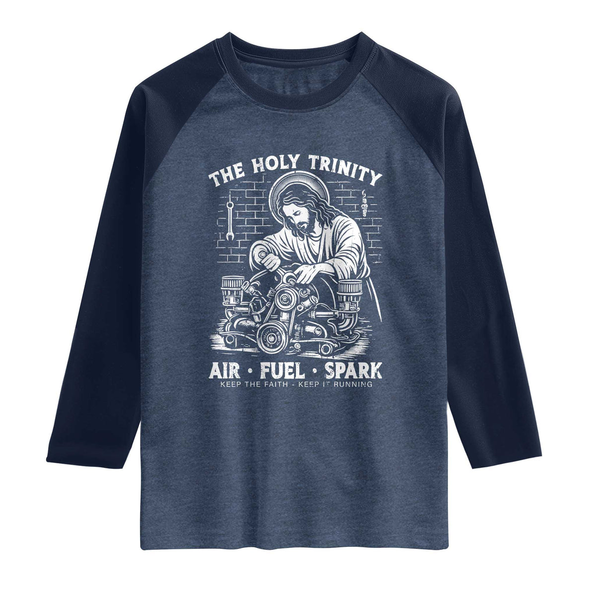 Funny Mechanic Jesus Holy Trinity Air Fuel Spark Raglan Shirt Christian Car Lover Humor Gift for Gearheads