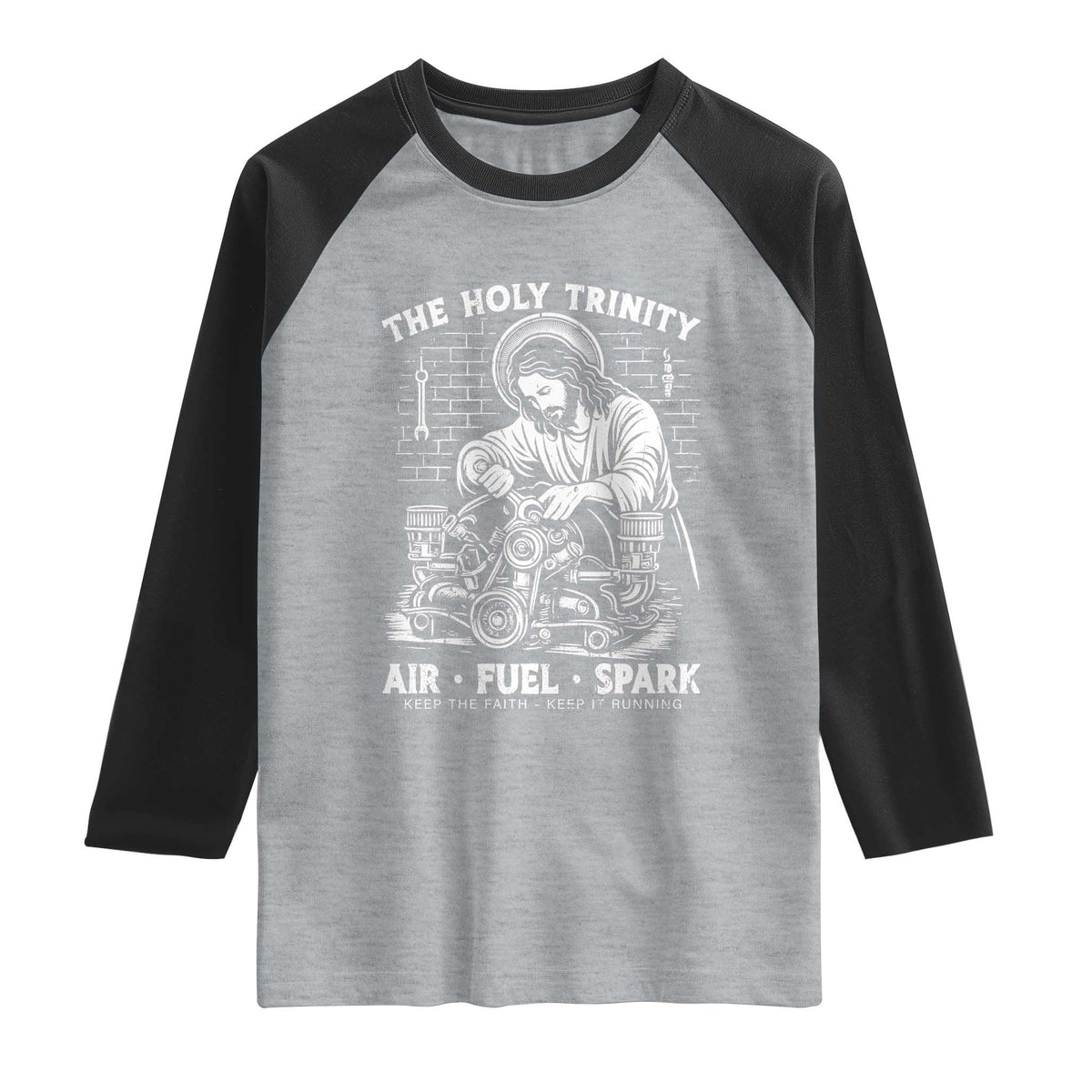 Funny Mechanic Jesus Holy Trinity Air Fuel Spark Raglan Shirt Christian Car Lover Humor Gift for Gearheads