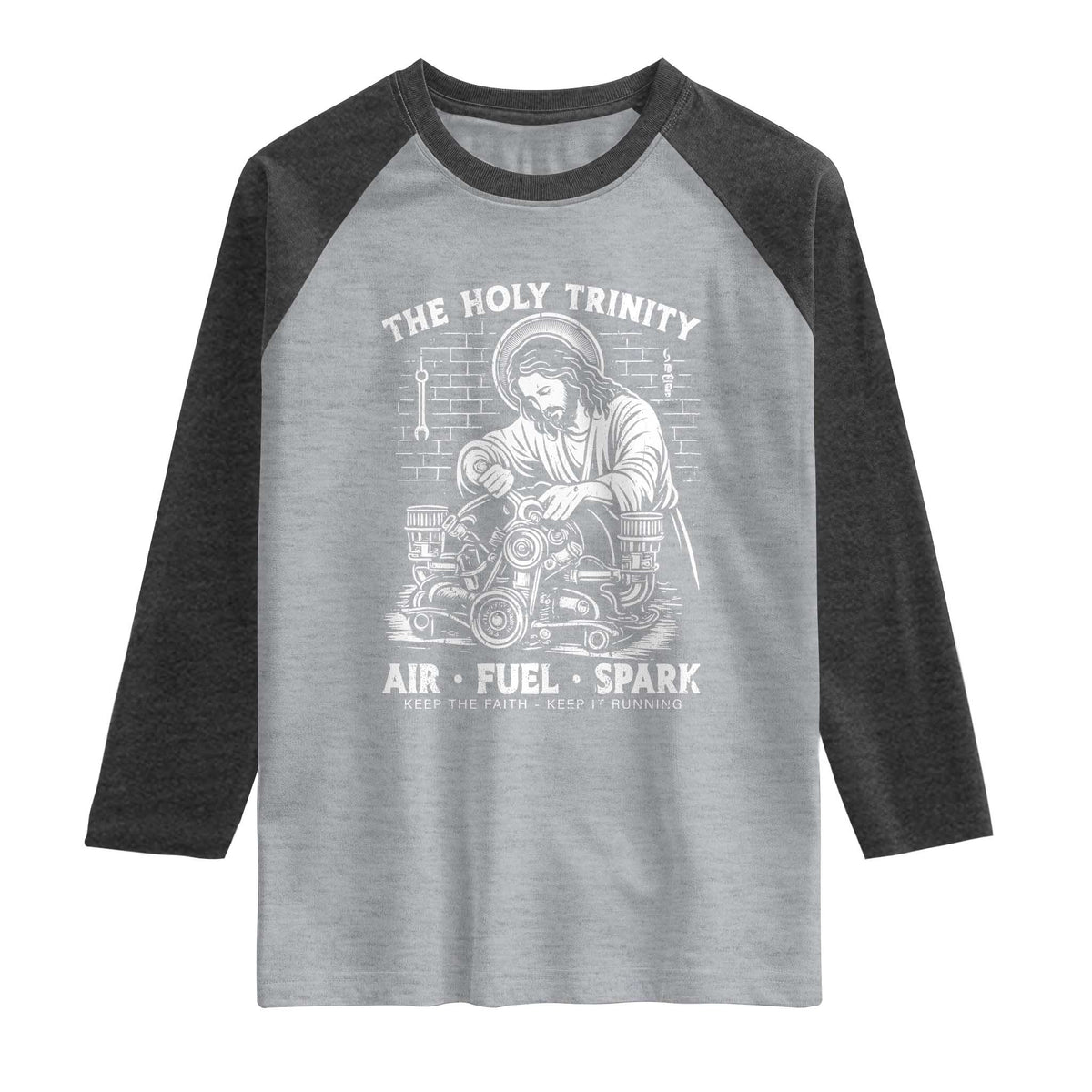 Funny Mechanic Jesus Holy Trinity Air Fuel Spark Raglan Shirt Christian Car Lover Humor Gift for Gearheads