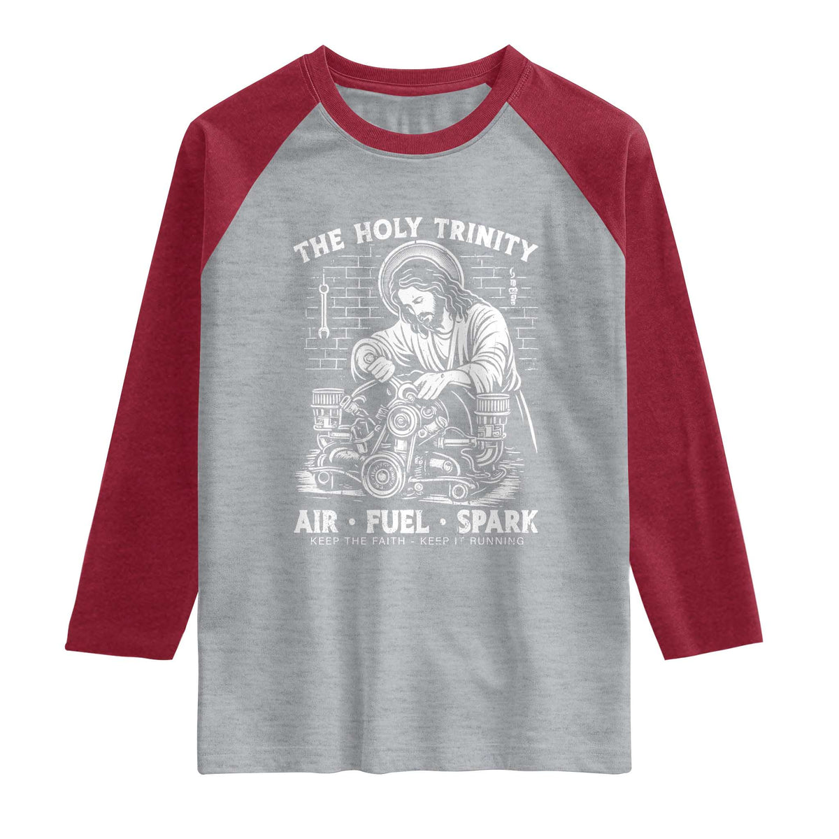 Funny Mechanic Jesus Holy Trinity Air Fuel Spark Raglan Shirt Christian Car Lover Humor Gift for Gearheads