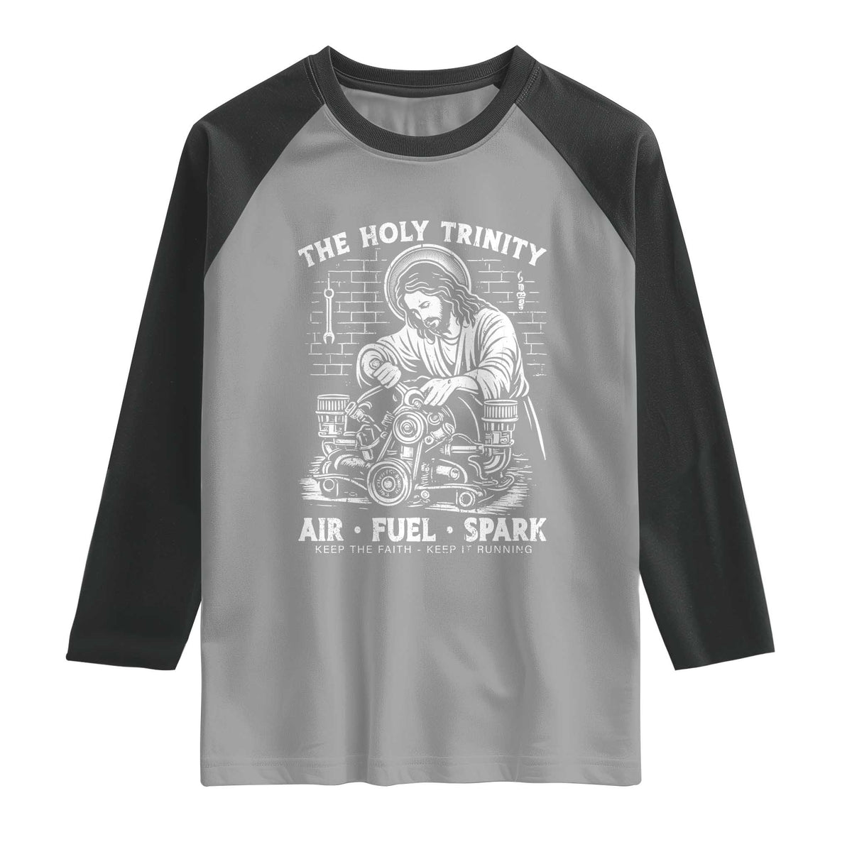 Funny Mechanic Jesus Holy Trinity Air Fuel Spark Raglan Shirt Christian Car Lover Humor Gift for Gearheads