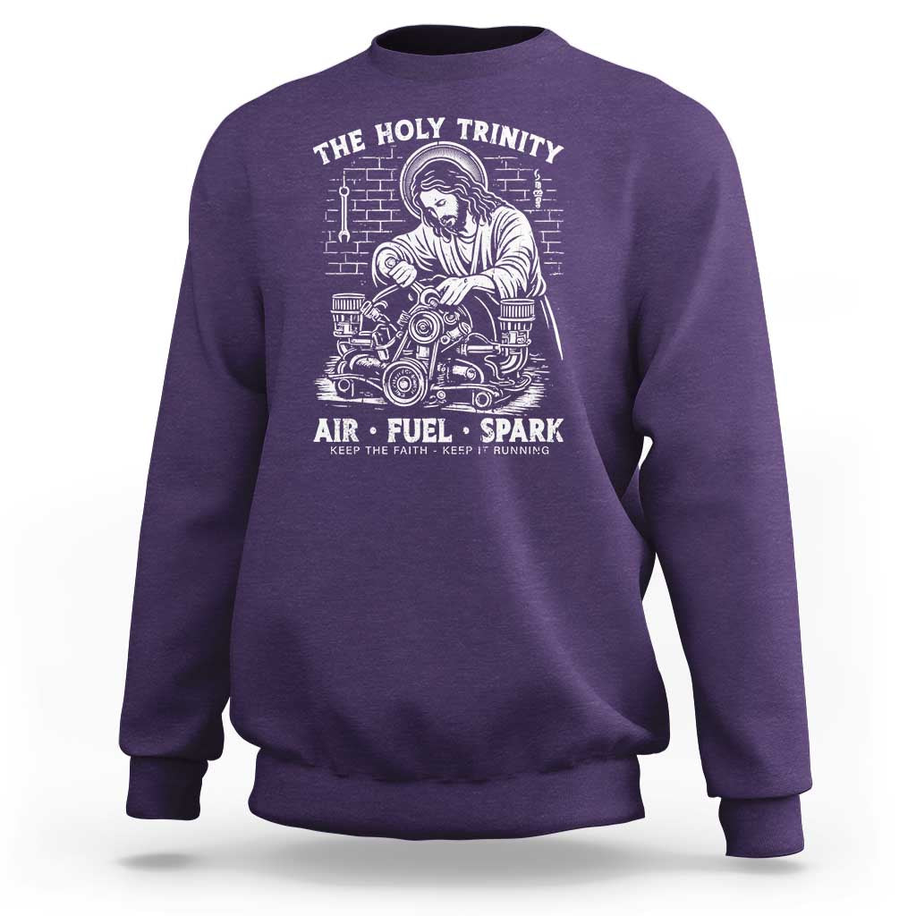 Funny Mechanic Jesus Holy Trinity Air Fuel Spark Sweatshirt Christian Car Lover Humor Gift for Gearheads