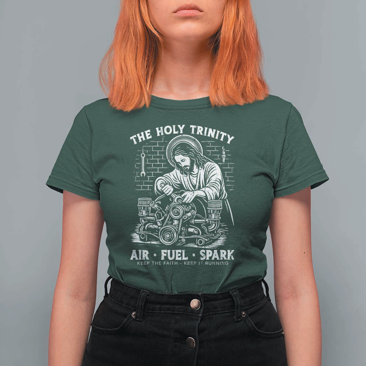 Funny Mechanic Jesus Holy Trinity Air Fuel Spark T Shirt For Women Christian Car Lover Humor Gift for Gearheads