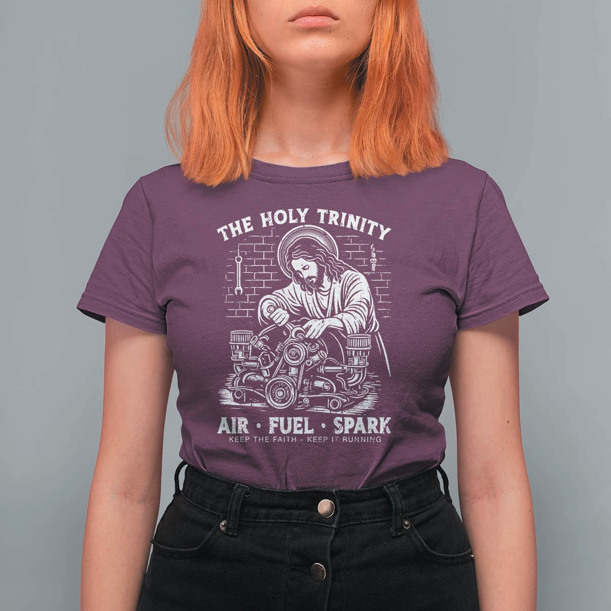 Funny Mechanic Jesus Holy Trinity Air Fuel Spark T Shirt For Women Christian Car Lover Humor Gift for Gearheads