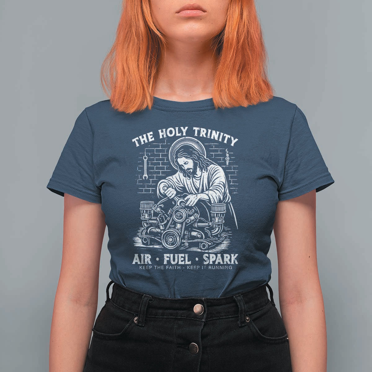 Funny Mechanic Jesus Holy Trinity Air Fuel Spark T Shirt For Women Christian Car Lover Humor Gift for Gearheads