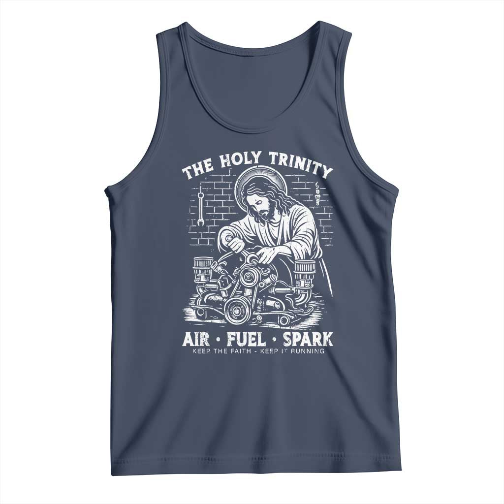 Funny Mechanic Jesus Holy Trinity Air Fuel Spark Tank Top Christian Car Lover Humor Gift for Gearheads