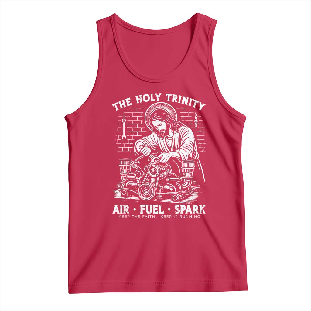 Funny Mechanic Jesus Holy Trinity Air Fuel Spark Tank Top Christian Car Lover Humor Gift for Gearheads