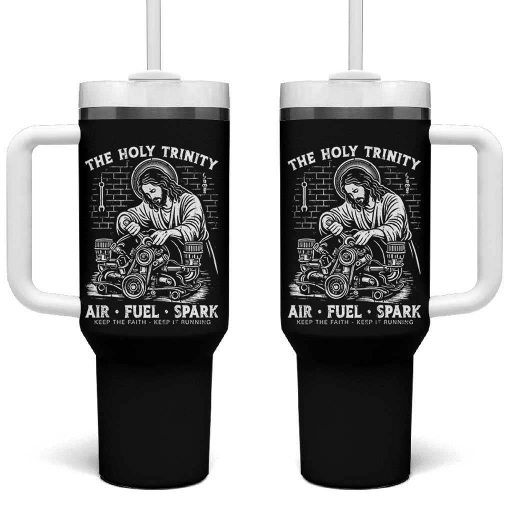 Funny Mechanic Jesus Holy Trinity Air Fuel Spark Tumbler With Handle Christian Car Lover Humor Gift for Gearheads
