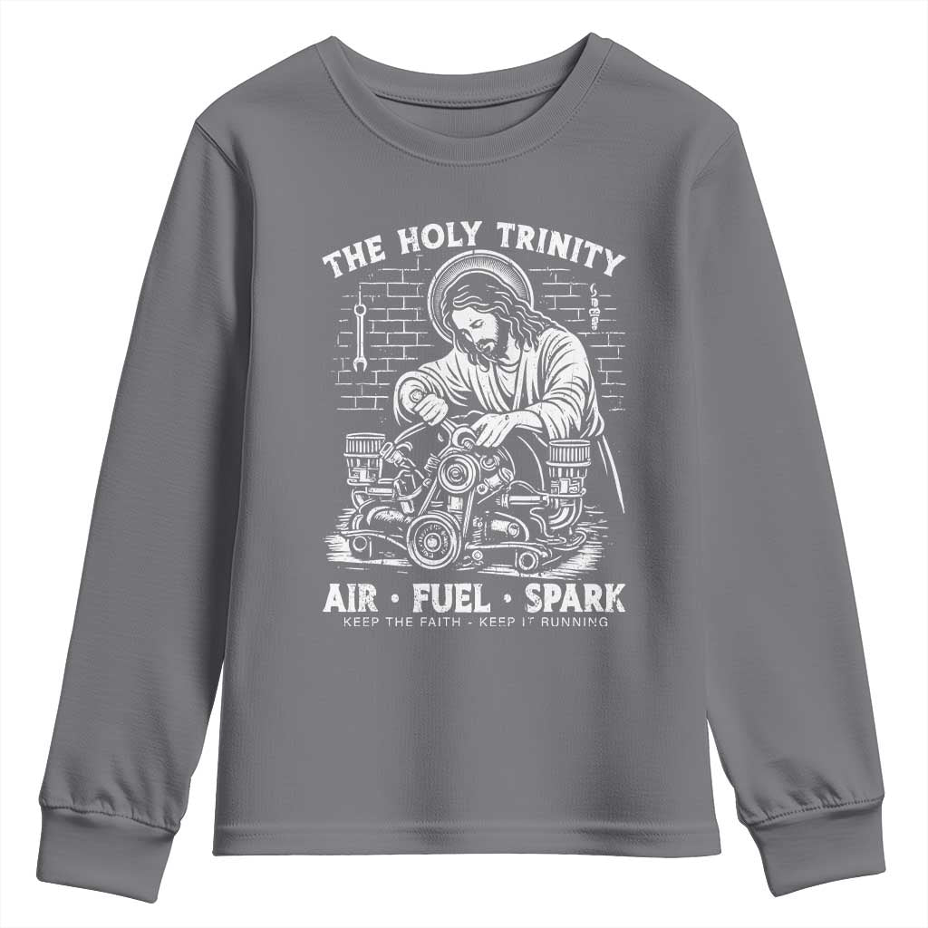 Funny Mechanic Jesus Holy Trinity Air Fuel Spark Youth Sweatshirt Christian Car Lover Humor Gift for Gearheads