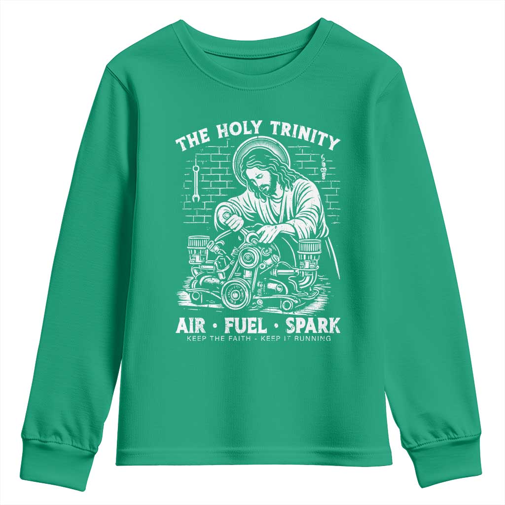 Funny Mechanic Jesus Holy Trinity Air Fuel Spark Youth Sweatshirt Christian Car Lover Humor Gift for Gearheads