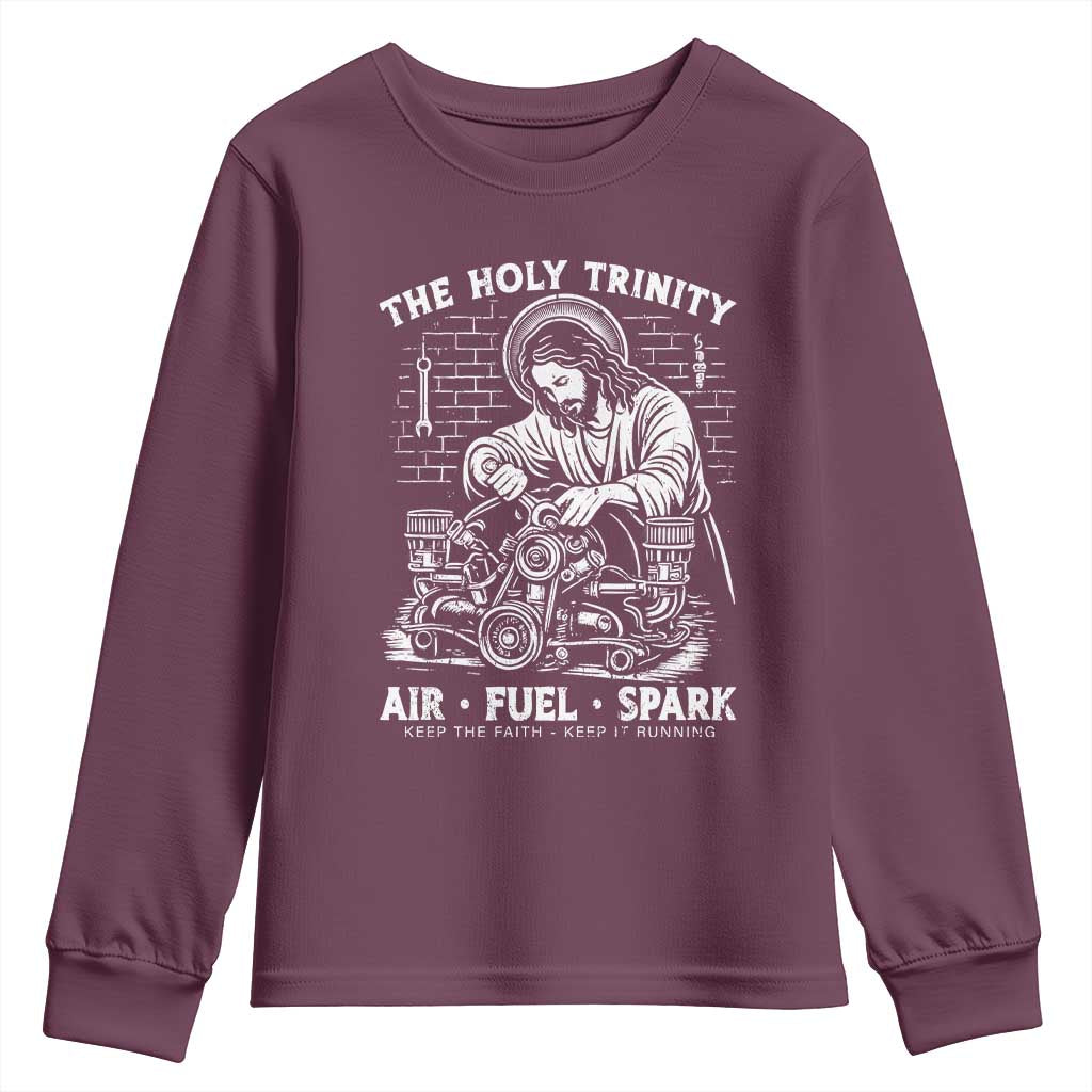 Funny Mechanic Jesus Holy Trinity Air Fuel Spark Youth Sweatshirt Christian Car Lover Humor Gift for Gearheads