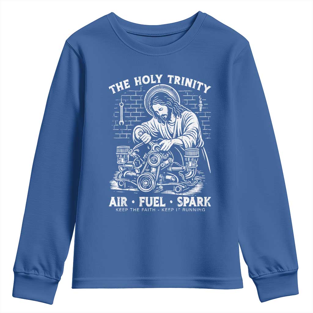 Funny Mechanic Jesus Holy Trinity Air Fuel Spark Youth Sweatshirt Christian Car Lover Humor Gift for Gearheads