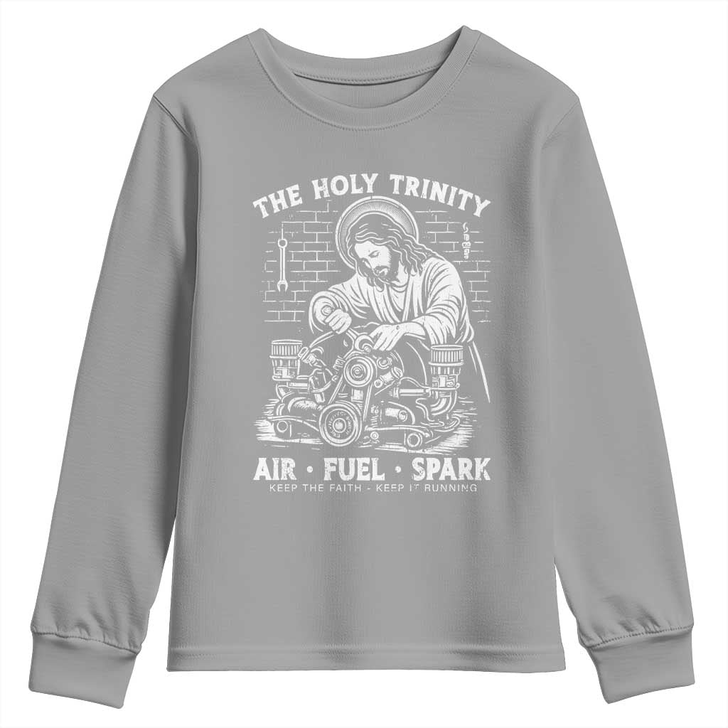 Funny Mechanic Jesus Holy Trinity Air Fuel Spark Youth Sweatshirt Christian Car Lover Humor Gift for Gearheads