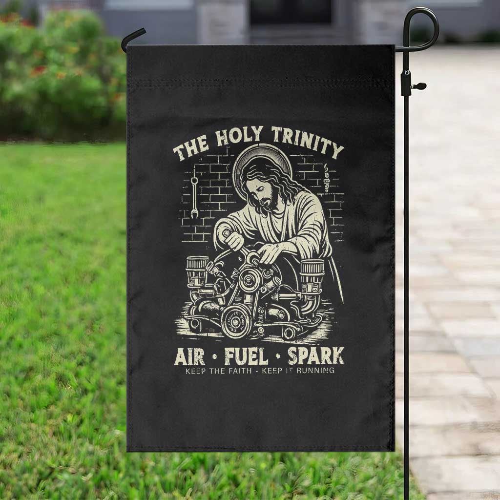 Funny Mechanic Jesus Holy Trinity Air Fuel Spark Vintage Garden Flag Christian Car Lover Humor Gift for Gearheads