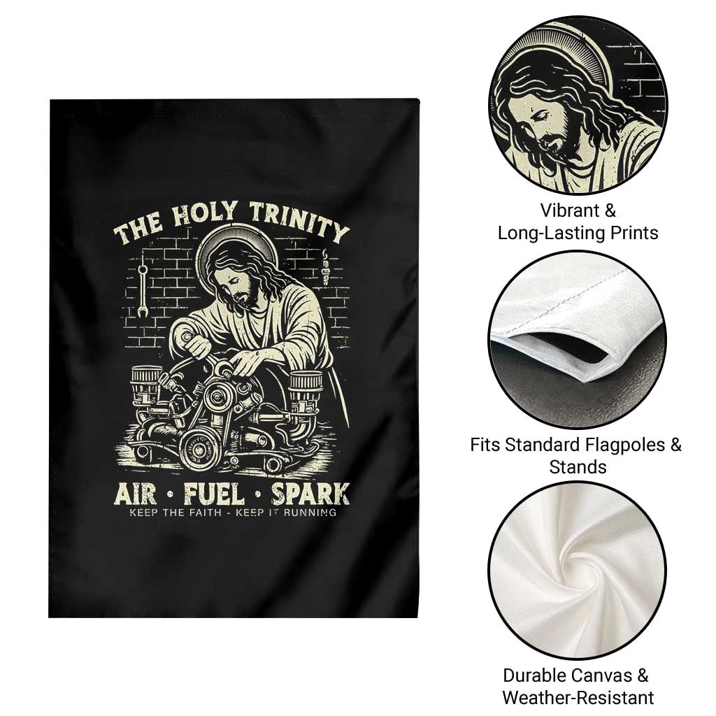 Funny Mechanic Jesus Holy Trinity Air Fuel Spark Vintage Garden Flag Christian Car Lover Humor Gift for Gearheads