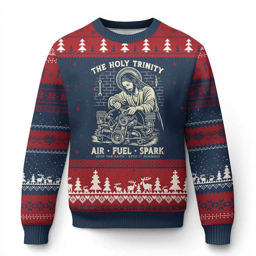 Funny Mechanic Jesus Holy Trinity Air Fuel Spark Vintage Ugly Christmas Sweater Christian Car Lover Humor Gift for Gearheads