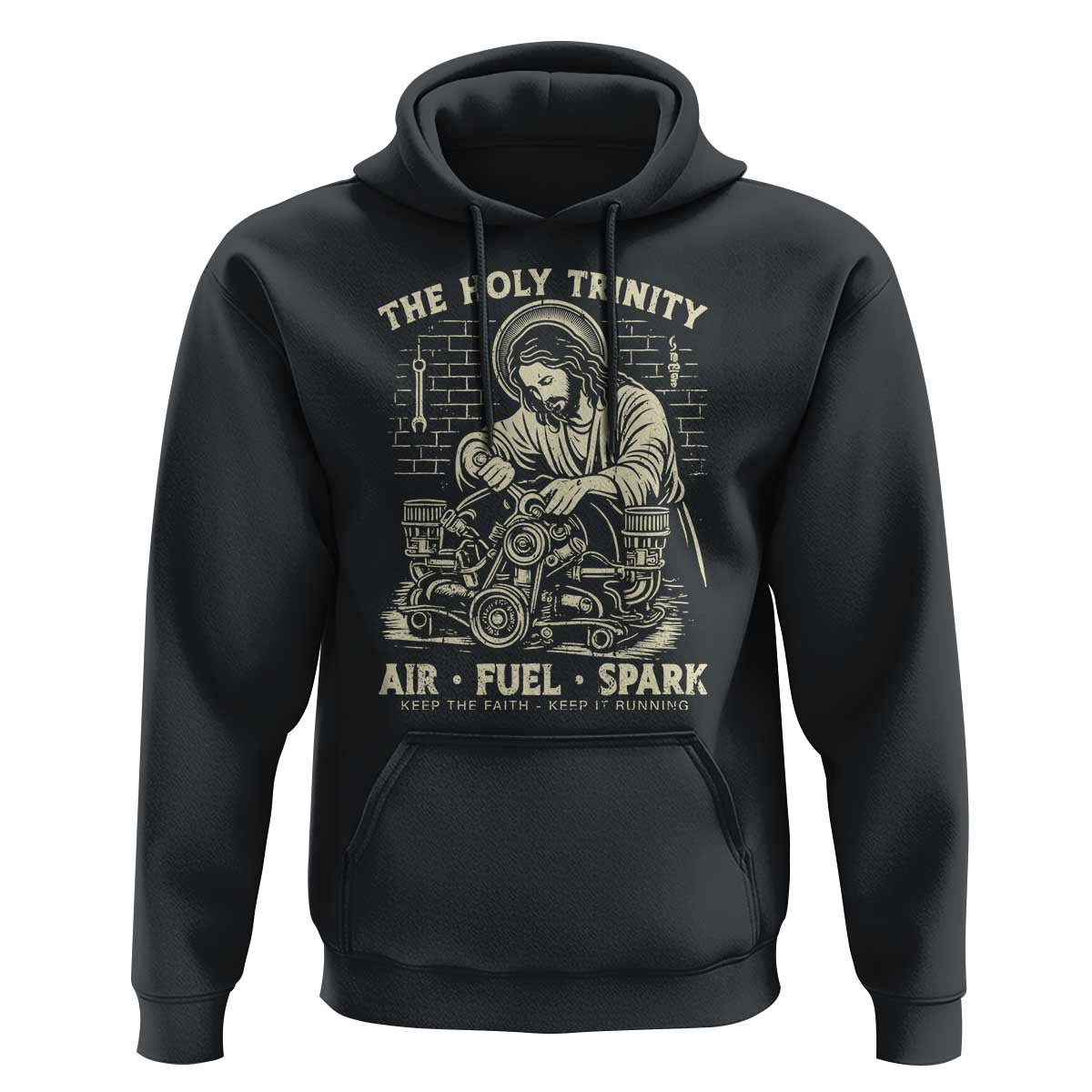 Funny Mechanic Jesus Holy Trinity Air Fuel Spark Vintage Hoodie Christian Car Lover Humor Gift for Gearheads