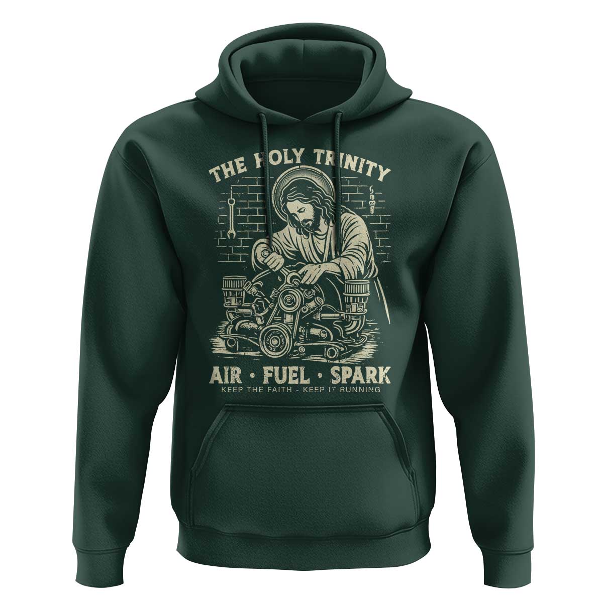 Funny Mechanic Jesus Holy Trinity Air Fuel Spark Vintage Hoodie Christian Car Lover Humor Gift for Gearheads