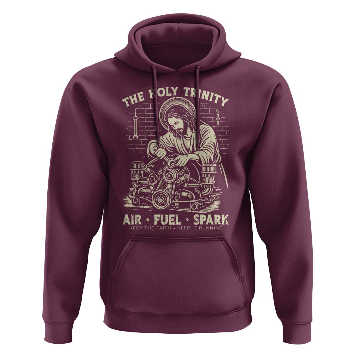 Funny Mechanic Jesus Holy Trinity Air Fuel Spark Vintage Hoodie Christian Car Lover Humor Gift for Gearheads