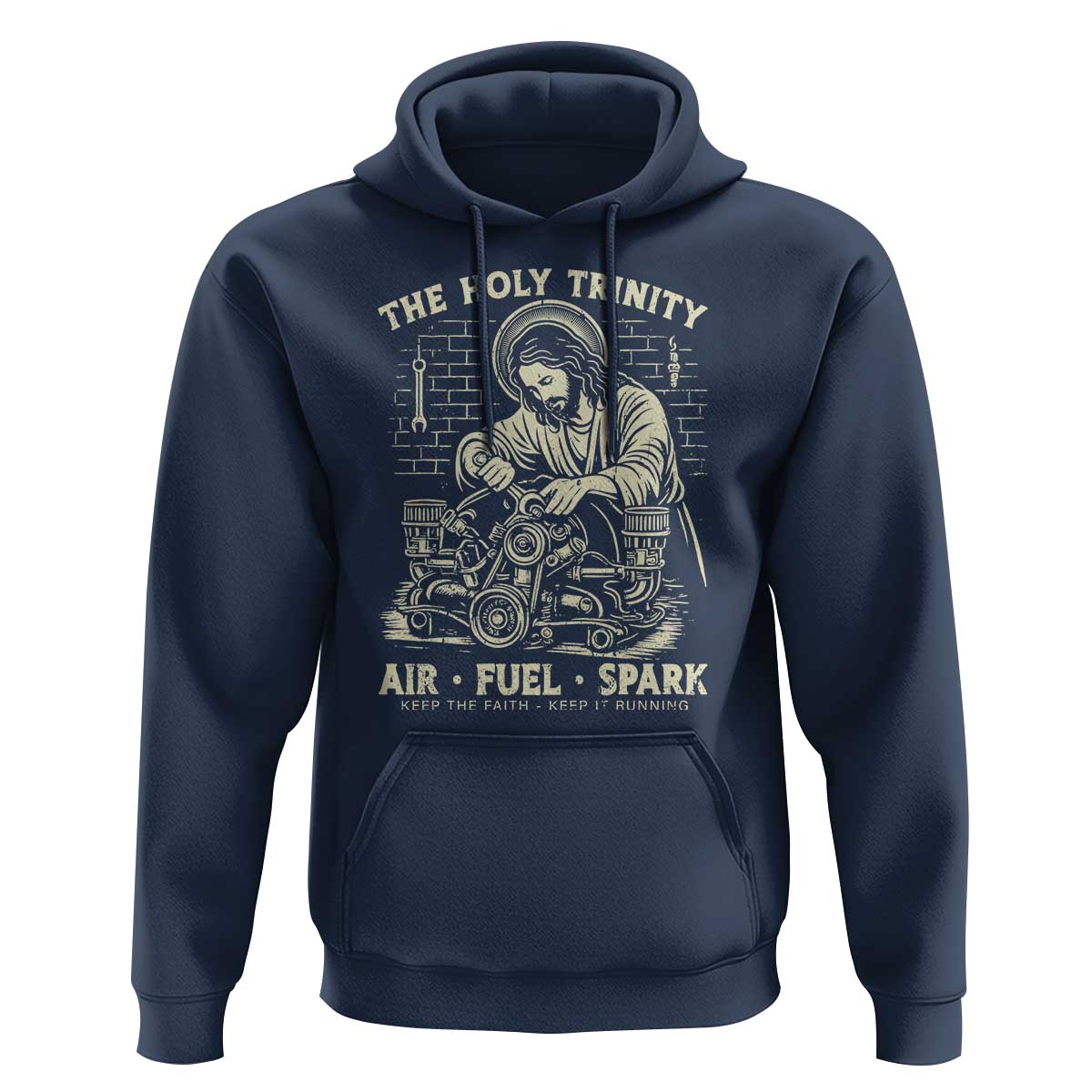 Funny Mechanic Jesus Holy Trinity Air Fuel Spark Vintage Hoodie Christian Car Lover Humor Gift for Gearheads