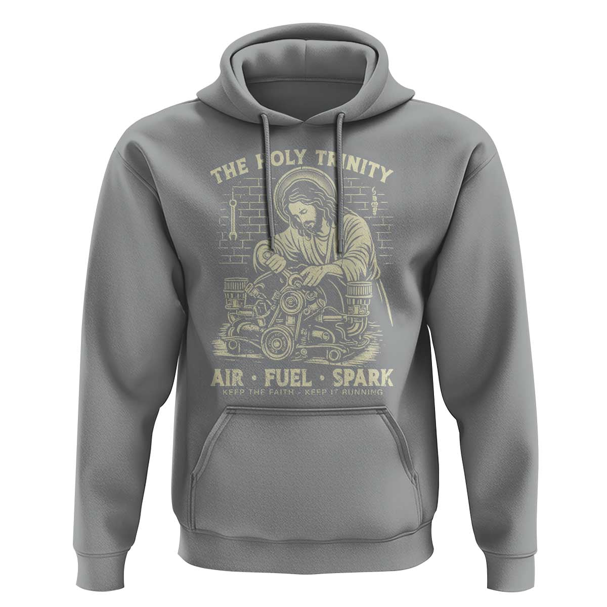 Funny Mechanic Jesus Holy Trinity Air Fuel Spark Vintage Hoodie Christian Car Lover Humor Gift for Gearheads