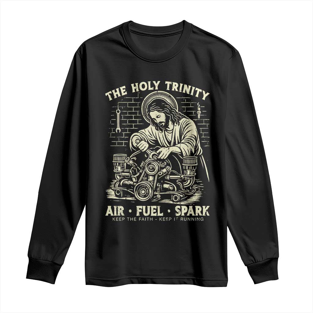 Funny Mechanic Jesus Holy Trinity Air Fuel Spark Vintage Long Sleeve Shirt Christian Car Lover Humor Gift for Gearheads