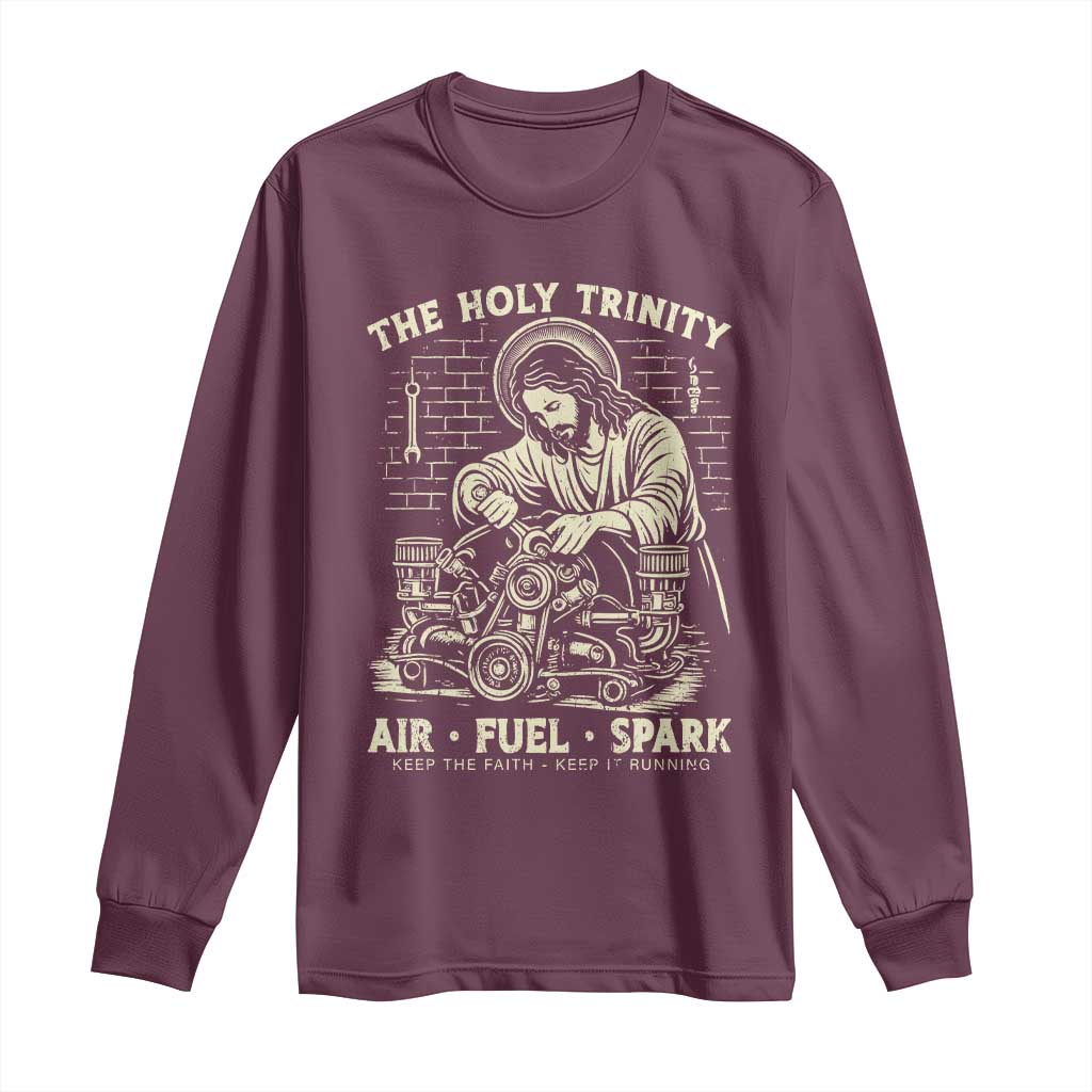 Funny Mechanic Jesus Holy Trinity Air Fuel Spark Vintage Long Sleeve Shirt Christian Car Lover Humor Gift for Gearheads