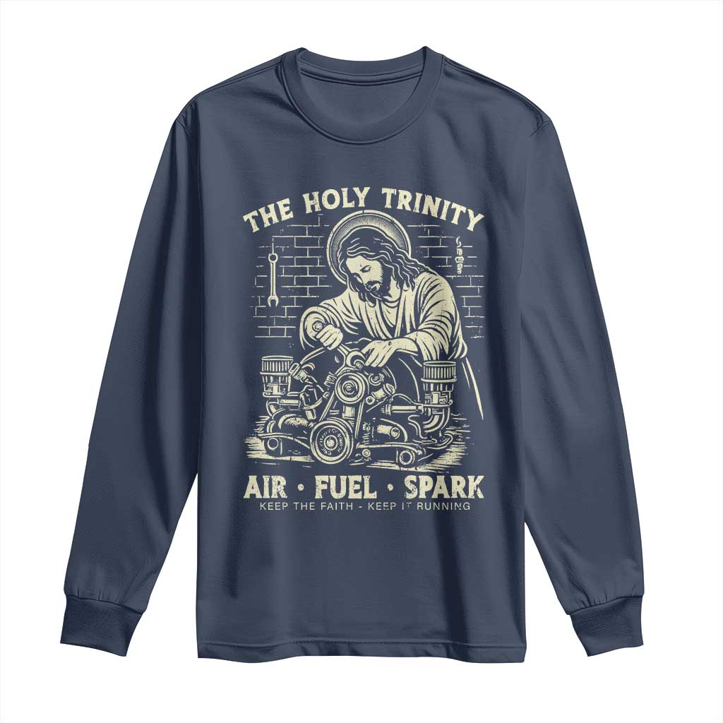 Funny Mechanic Jesus Holy Trinity Air Fuel Spark Vintage Long Sleeve Shirt Christian Car Lover Humor Gift for Gearheads