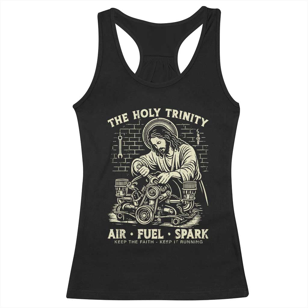 Funny Mechanic Jesus Holy Trinity Air Fuel Spark Vintage Racerback Tank Top Christian Car Lover Humor Gift for Gearheads